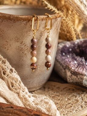 FINAL PRICE Artisan Gold-Tone Beaded Dangle Earrings in Burgundy, Cream & Tan